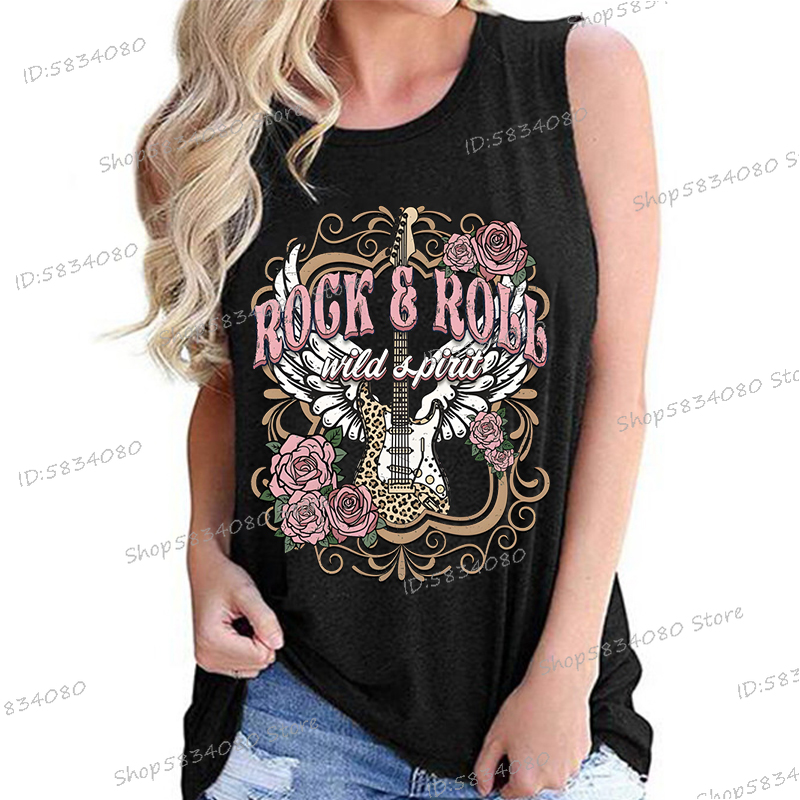 musica rock Rotolo selvaggio T-camicia Camicia per chitarra rosa stile Vintage ▾ Nuova moda estiva O-Collo Maglietta Amante della musica da donna Canotte senza maniche