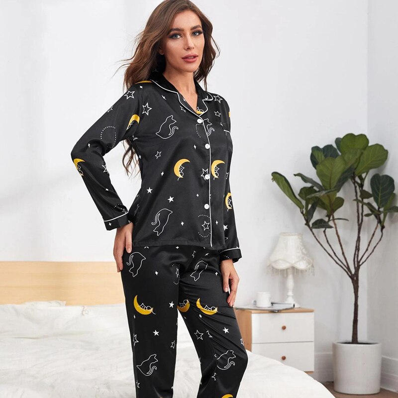 Plus Size Pj Sets Women Silk Satin Pajamas Pyjamas Set Sleepwear Long Sleeve Pyjamas Cute Top and Long Pants Pijama Sleepwear