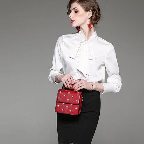 White Formal Shirts For Women Office Wear Blusas Spring Blouse Silk Satin Women Blouses Long Sleeve Top: White / L