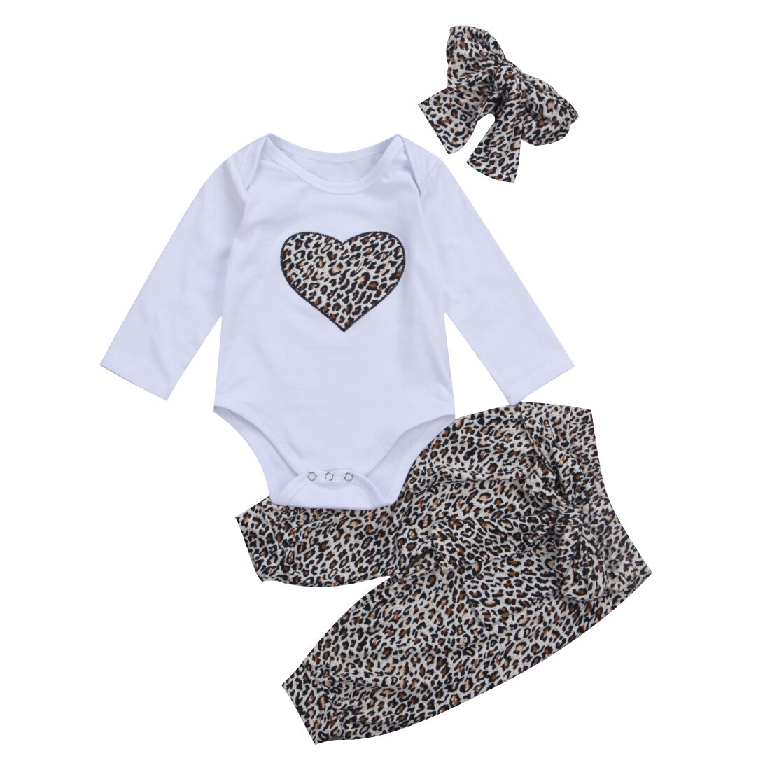 Nyfødt barn baby pige leopard blomster tøj baby tøj langærmet hjerte romper + blomster bukser + pandebånd outfit træningsdragtsæt: 24m
