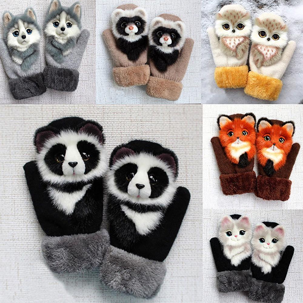 Animal Cat Dog Panda Racoon Kid Winter Warm Soft Princess Girl Mittens Full Long Gloves Fingers Cute L3E8