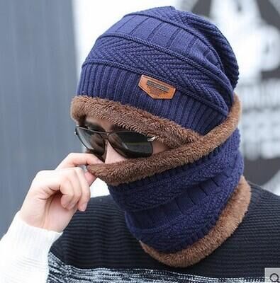 Casquette et écharpe de Ski en cuir | 2 pièces, chapeau et froid pour femmes et hommes, chapeau tricoté, Bonnet , Bonnet, bonnets: Scarf hat  navy