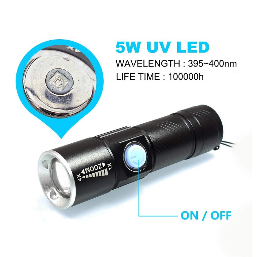 Strong Light Purple-Light Flashlight Three Modes Aluminum Alloy Rechargeable Torch Three Light Modes UV NUV 365nm Light