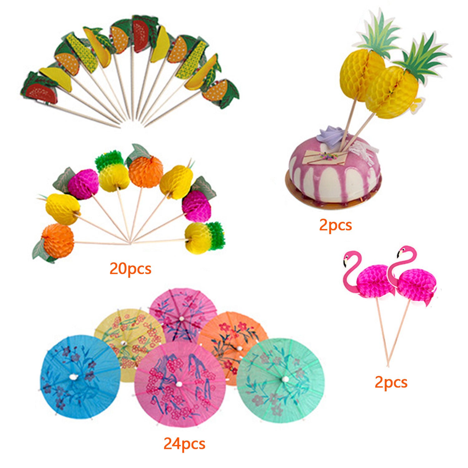 Lustige tropisch hawaiisch Party Dekoration Bausatz mit Seide Hibiskus Blumen Palme Blätter Ananas Mini Regenschirm Cupcake Deckel