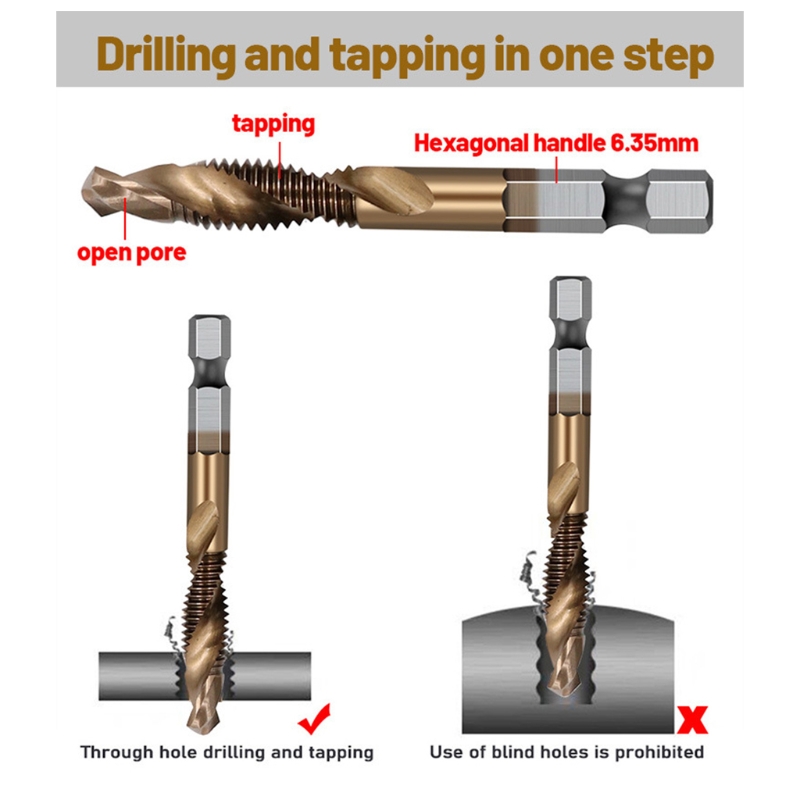 2022 Drill Cobalt Plated Hex Shank HSS Screw Thread Metric Tap Drill Bits Hand Tool