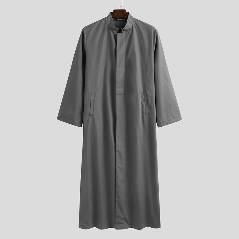 INCERUN Men Muslim Kaftan Islamic Arabic Jubba Thobe Long Sleeve Button Stand Collar Caftan Solid Color Middle East Dubai Robes: Grey / S