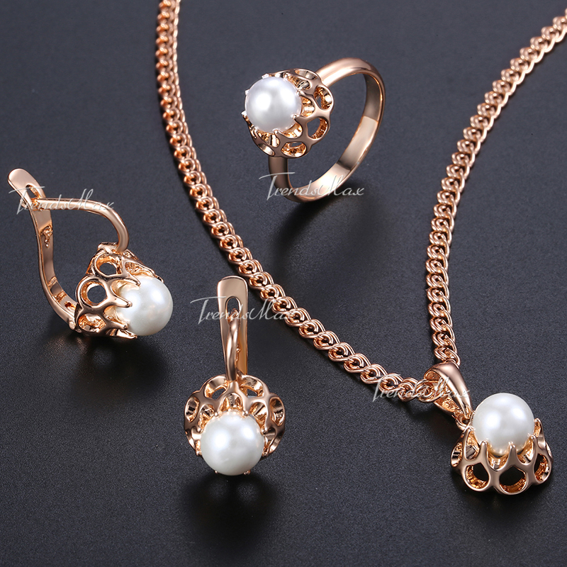 Earrings Ring Pendent Necklace Set For Women Pearl Bead Ball Rose Gold Filled Simulated Pearl Bead Ball 585 Jewelry Sets GE142