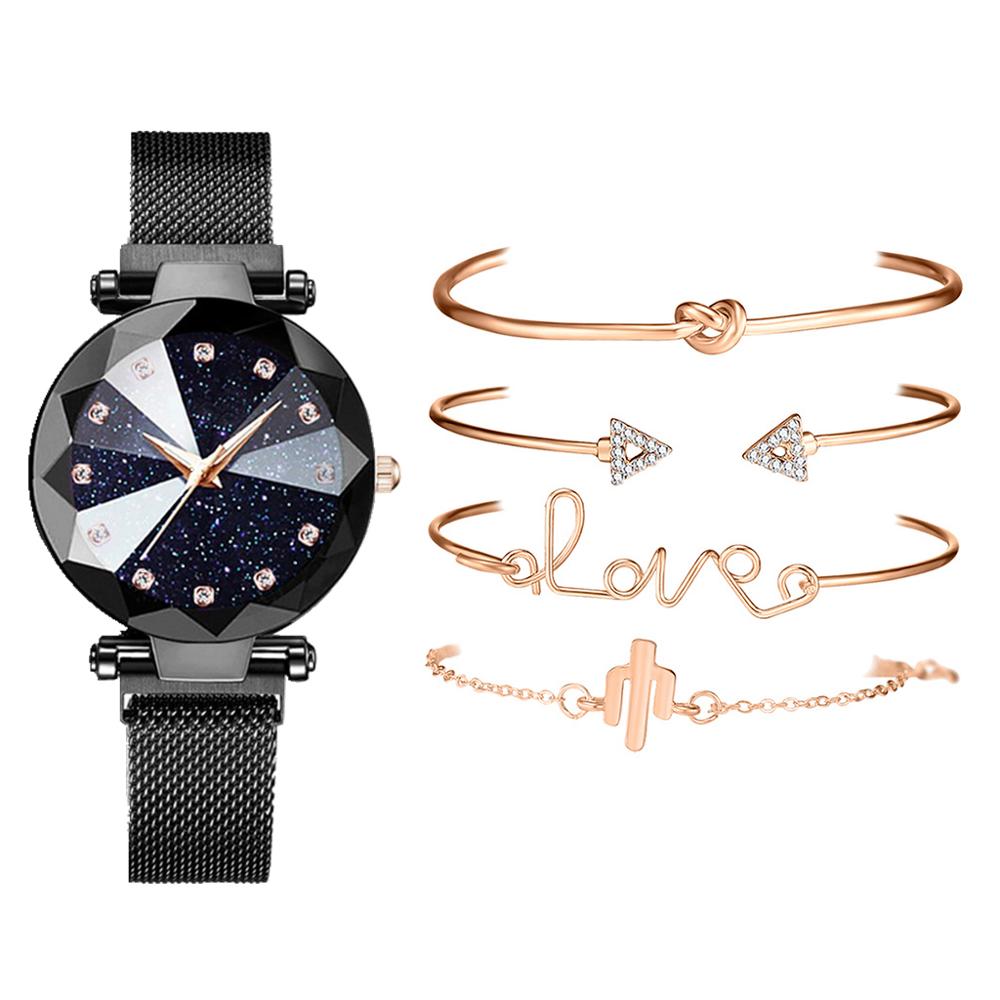 Set de 5 uds de relojes de pulsera de lujo para mujer con de cielo estrellado y rosa dorado con imán y hebilla, reloj de pulsera de , reloj sencillo para mujer: Negro