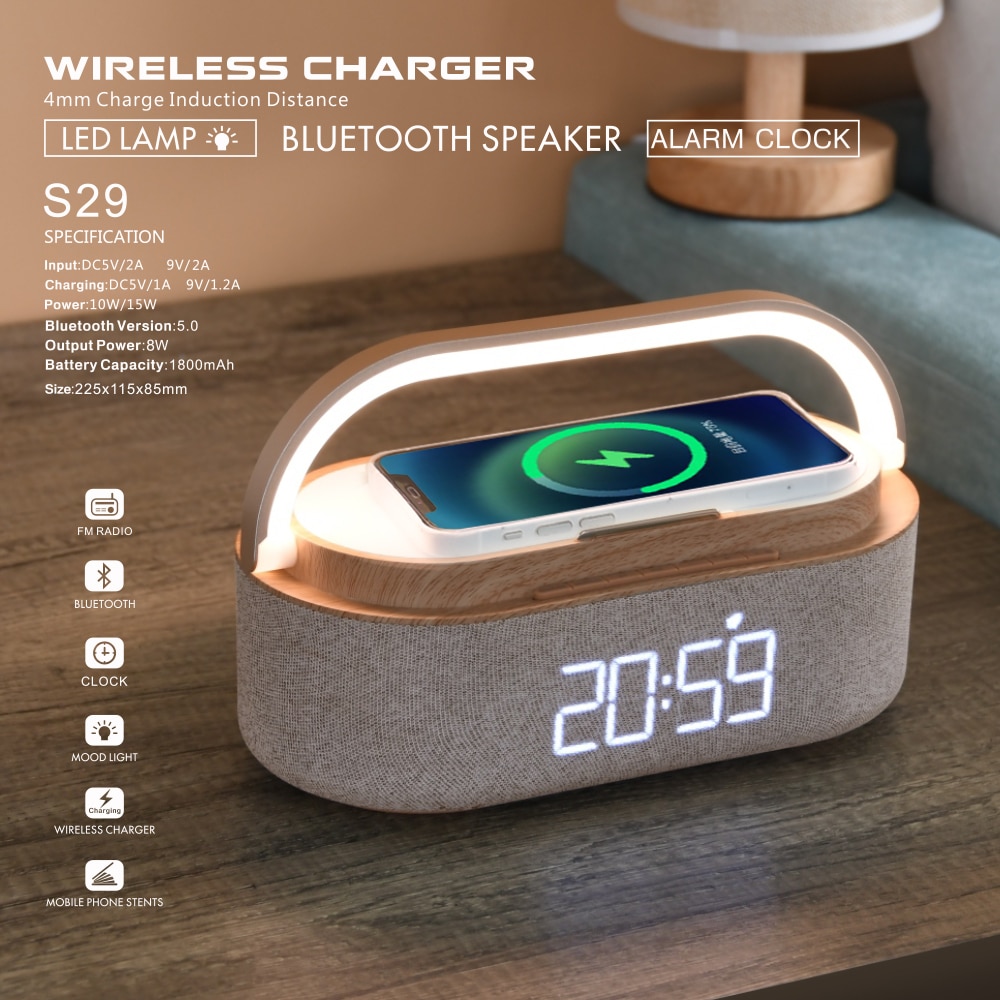 Wireless Charger Alarm Clock Bluetooth Speaker LED Smart Digital Clock USB Fast Charger Table Electronic Desktop Clock Fm Radio