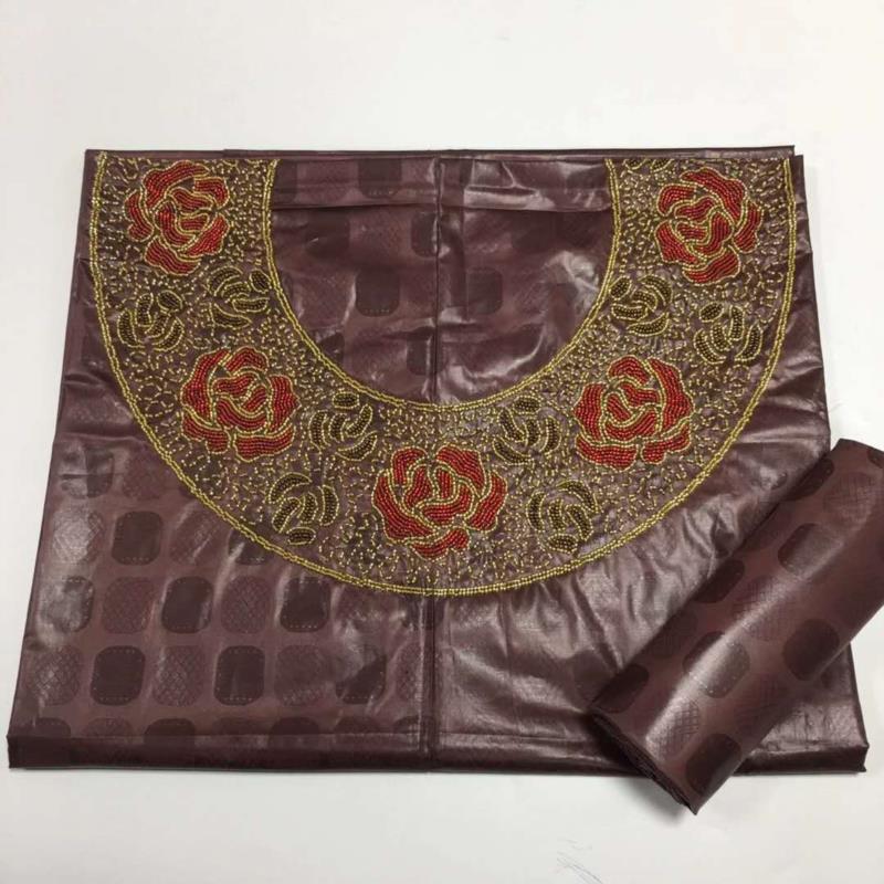 Tela africana bazin riche de para top y falda, , tejido de brocado de lavabo, telas de costura de piedras para escote, 3 + 2Y,: Café