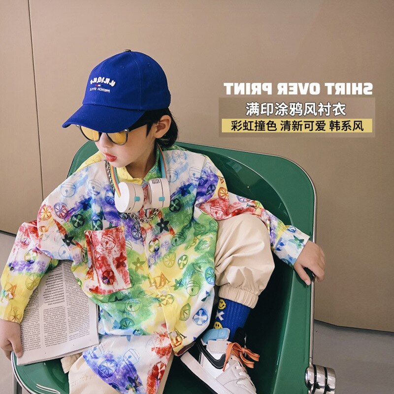 Jungen Regenbogen kontrast hemd 2022 frühling und herbst neue stil gebraten straße freundlicher langen ärmeln Revers Koreanische Shirt