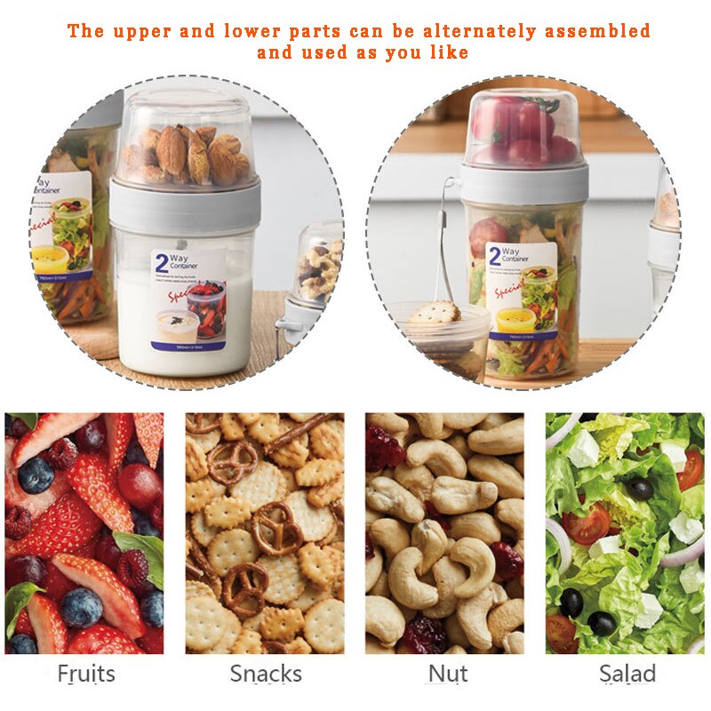 Double-decker Storage Box Portable Yogurt Salad Fruit Box Plastic Sealed Can Lunch Box Snack Nuts Food Supplement Box Kitchen