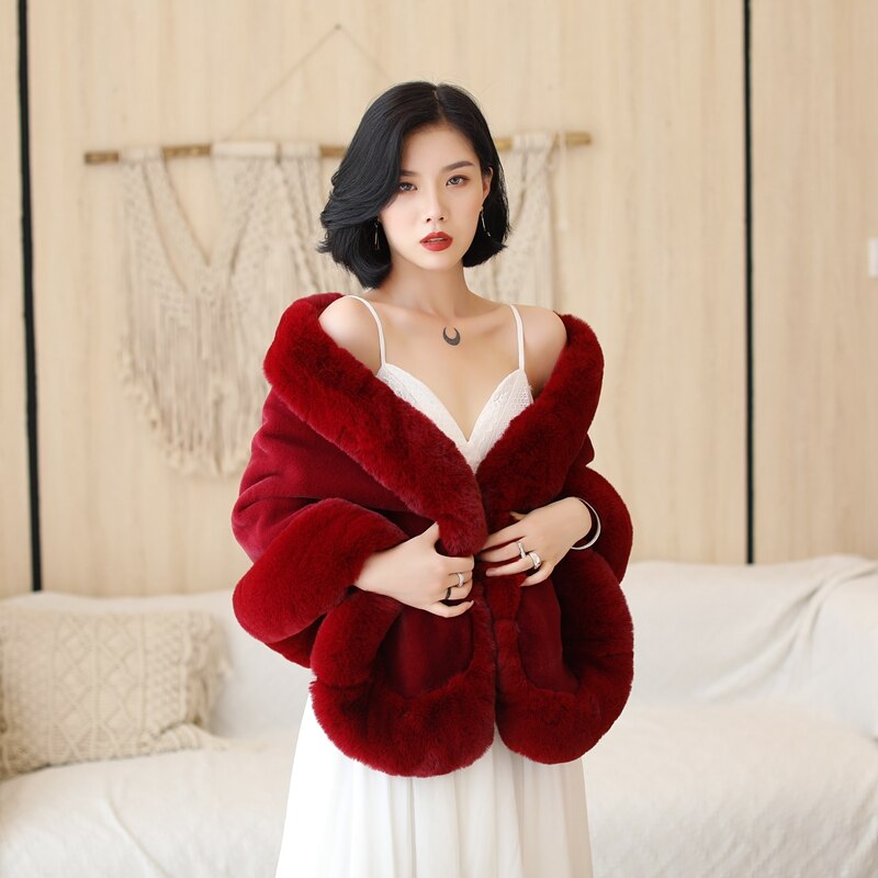 Veste de soirée en fausse fourrure pour femme, couleur noir/rouge vin, cape de mariage, hiver 2022, enveloppes boléro, châles d&#39;hiver en Stock
