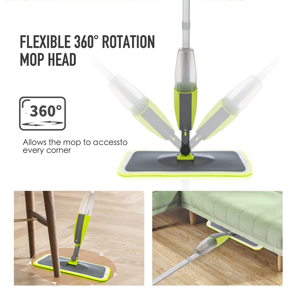 Hand Free Green White Spray Mop with 3/6 Reusable Microfiber Pads 360 Degree Handle Mop for Home Laminate Ceramic Floor Cleaning