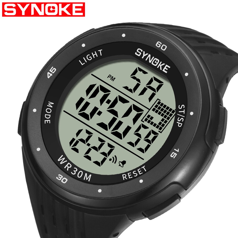 Synoke Mannen Digitale Horloge Led 3M Waterdichte Mannelijke Horloges Chronograaf Kalender Alarm Sport Horloges Relogio Masculino: Black