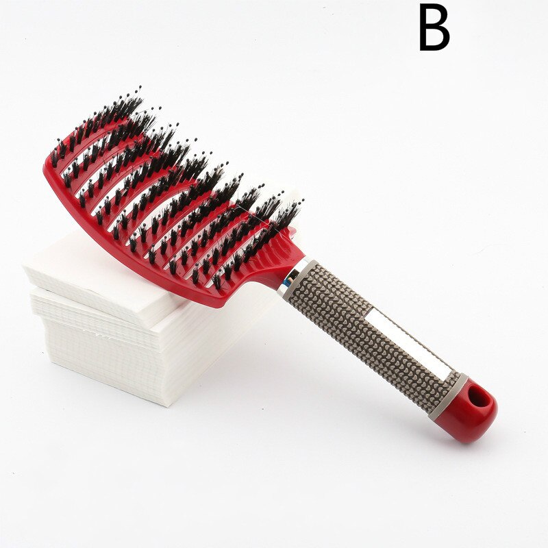 Brushy Anti Klit Hairbrush Women Female Hair Scalp Massage Comb Bristle&nylon Hairbrush Wet Curly Detangle Hair Brush for Salon: B-Red