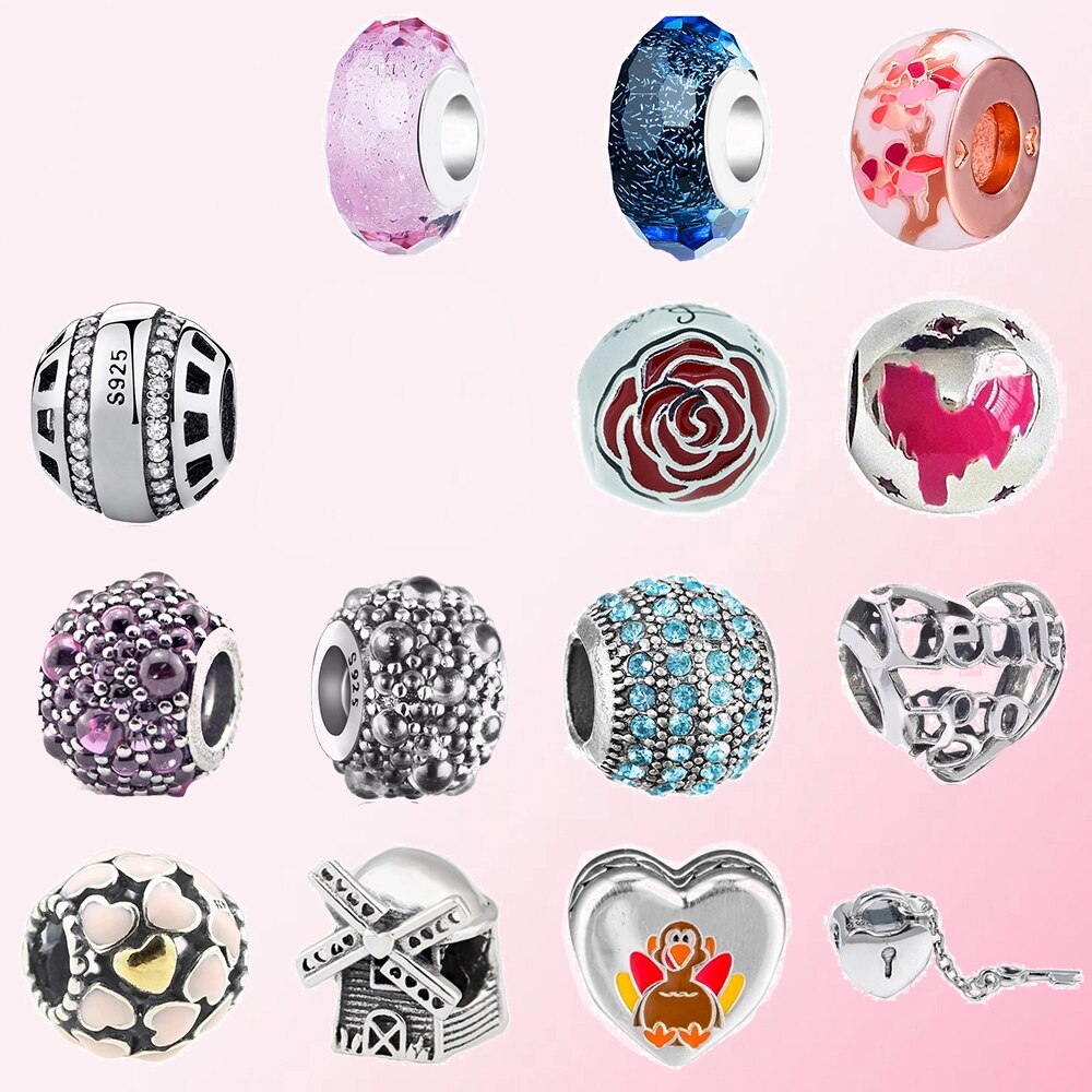 100% de Plata de Ley 925 corona flor huellas tortuga Apple Santa Claus en forma de corazón de mariposa con cuentas pulsera Charm bricolaje