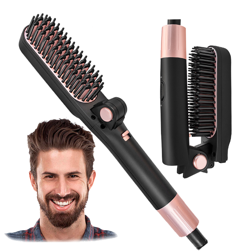 Peine alisador de barba plegable para hombre, cepillo de pelo liso, alisador de pelo eléctrico de cerámica, peine térmico, estilizador de pelo
