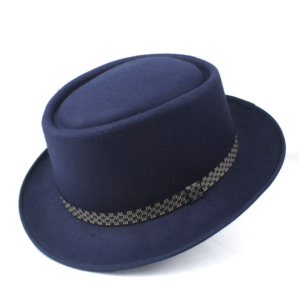 Men's Women's Pork Pie Hat Wool Flat Fedora Hat Pop Jazz Church Hat Size 58CM: Dark Blue