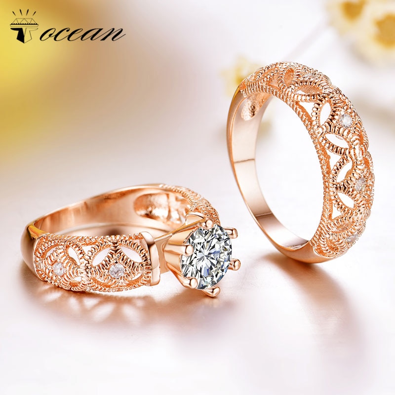 Tocean Rose Gold Color Romantic wedding Double Rings Sets for Women Crown Cubic AAA Zircon Engagement Bijoux Bague Size 6-8 W126