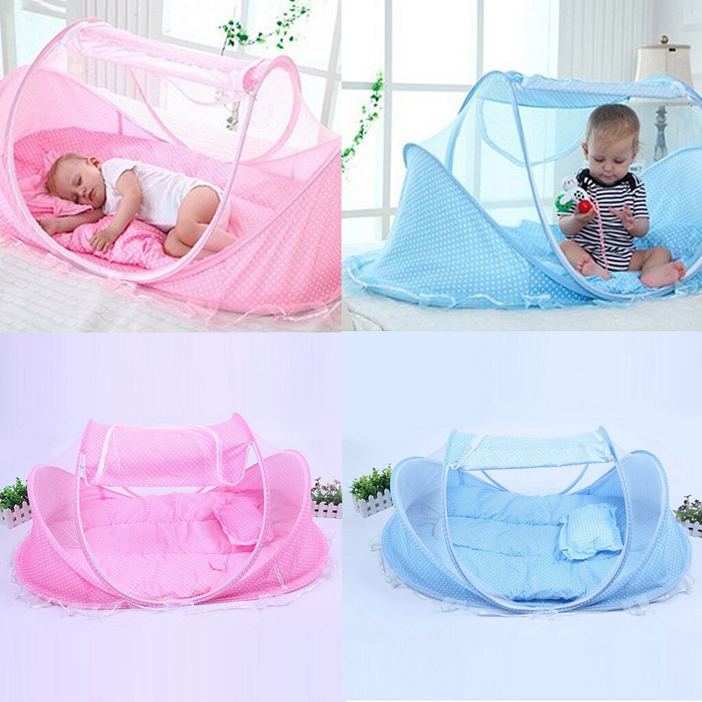 Cuna plegable portátil para juegos de bebés, cama para niños pequeños, mosquitera, colchón para cuna, almohada y tienda de campaña para viajes en interiores al aire libre