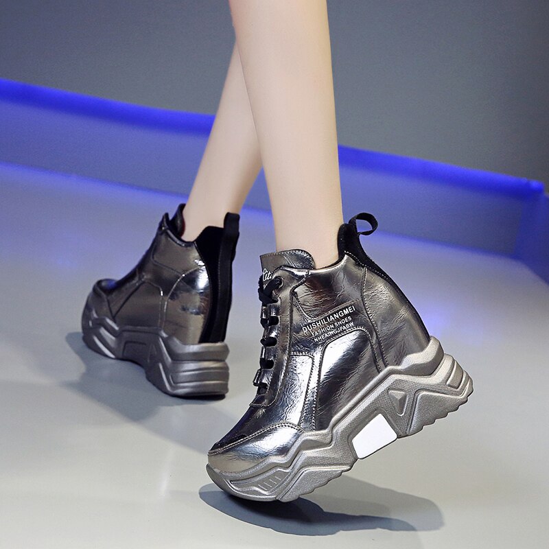 Woman Height Increasing Boots Mujer Ladies Metal Silver Chunky Platform Sneakers Women Winter Warm Super High Heels Casual Shoes: gun / 37