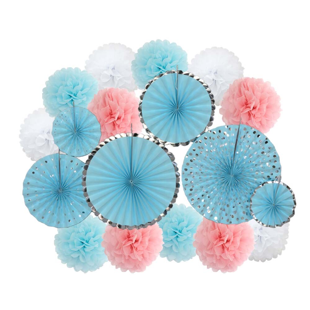 Lente Party Favor Goud Groen Set Vouwen Opknoping Papier Pom Pom Fans Baby Shower Kids Meisje Jongen Verjaardag Decoratie: Silver Blue Pink