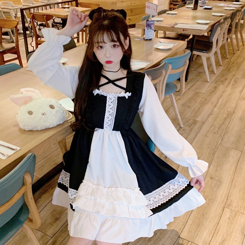 Kawaii lolita jurk dames lange mouw zwart/roze kostuums japanse zoete lolita outfit gothic meid jurk cosplay uniform  vo738