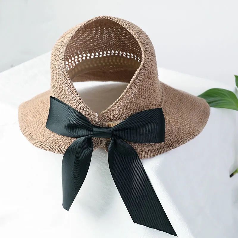 Zomer Boog Zon Hoeden Lege Top Hat Vrouwen Uitsparing Strand Hoed Vrouwen Zon Cap Lint Knit Raffia Zonnehoed uv Protction Caps