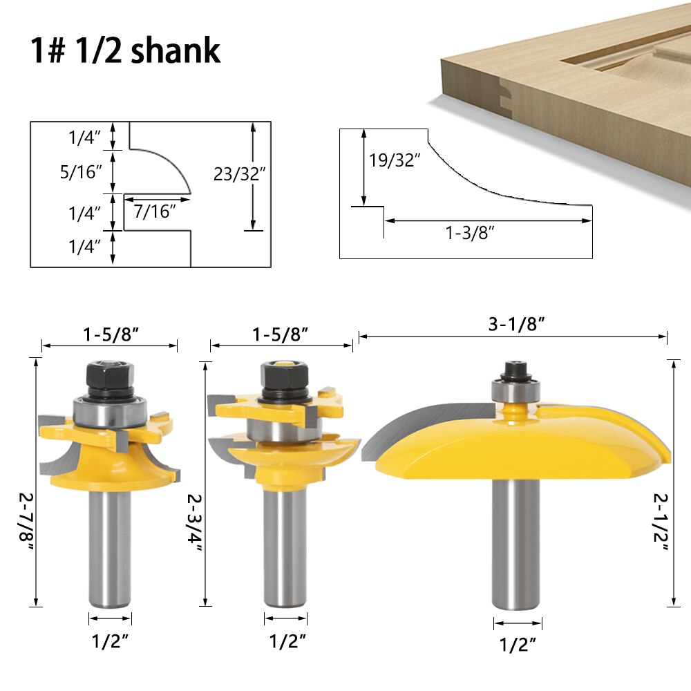 3pcs 1/2" Shank Rail & Stile Ogee Blade Cutter Panel Raised Cabinet Router Bit Set Door Tenon Woodworking Tools