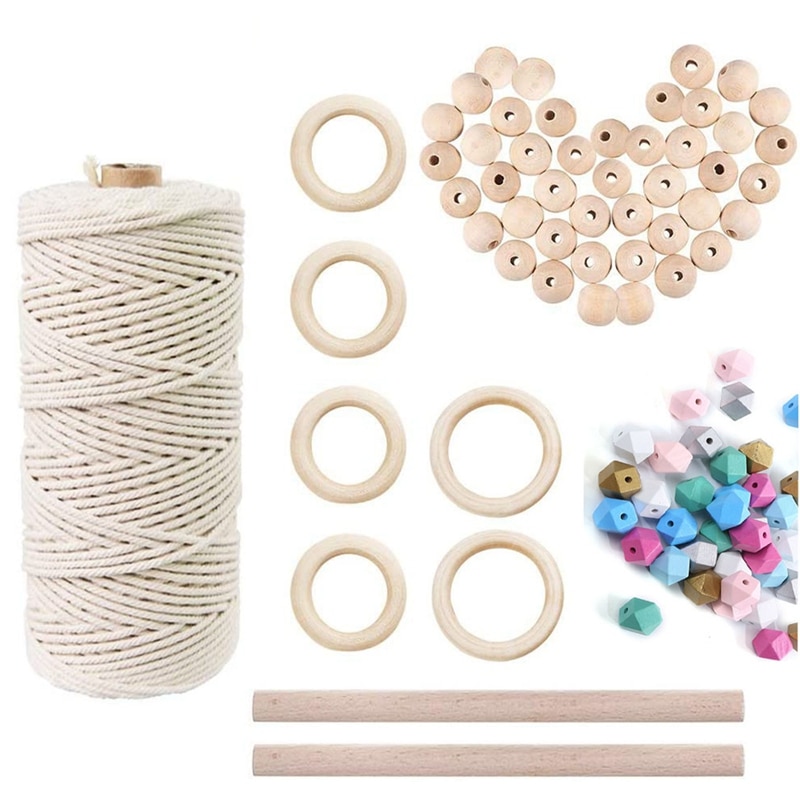 Macrame Cord Natural Cotton Rope 3mm with Wood Ring Wood Stick For DIY Macrame Kit Wall Hanging Plant Hanger