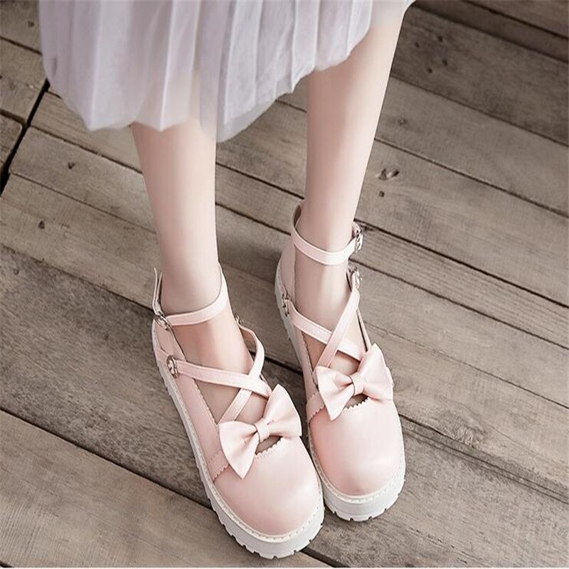 Pink sort hvid rød med sløjfe lolita sko jk uniform sko pu læder lolita sko  a949: Lyserød / 39