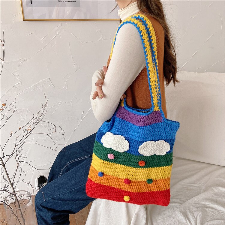 Tailândia arco-íris lona mensageiro saco de lã tricô tote bags para menina algodão pano bolsa de ombro feminino adorável estudante bolsa: Large
