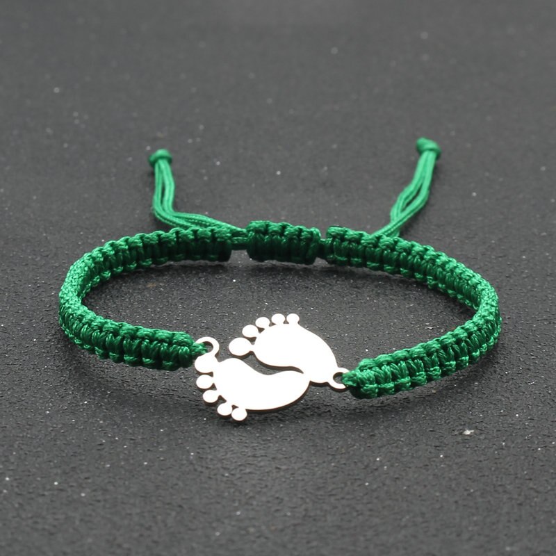 Bransoletka amulet ze stali nierdzewnej para urocza mała stopa szczęście czerwona nić plecione bransoletki i Bangles dla kobiet mężczyzn biżuteria mankiet: Green