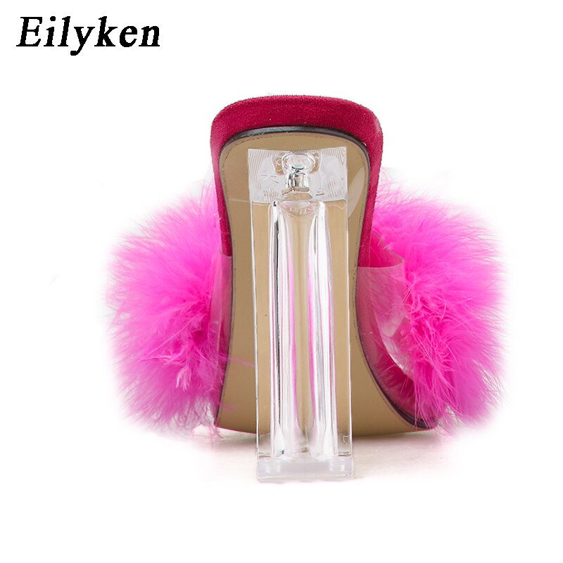 Eilyken Mode Harige Open Teen Slippers Clear Crystal Hoge Hakken Vrouwen Schoenen Vierkante Hak Transparante Vrouwelijke Sandalen