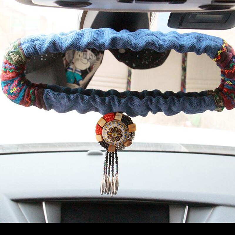 Retro bohemen bil bakspejldæksel indvendigt tilbehør universal perle rhinestone bil spejl dekoration til kvinder piger: Blå
