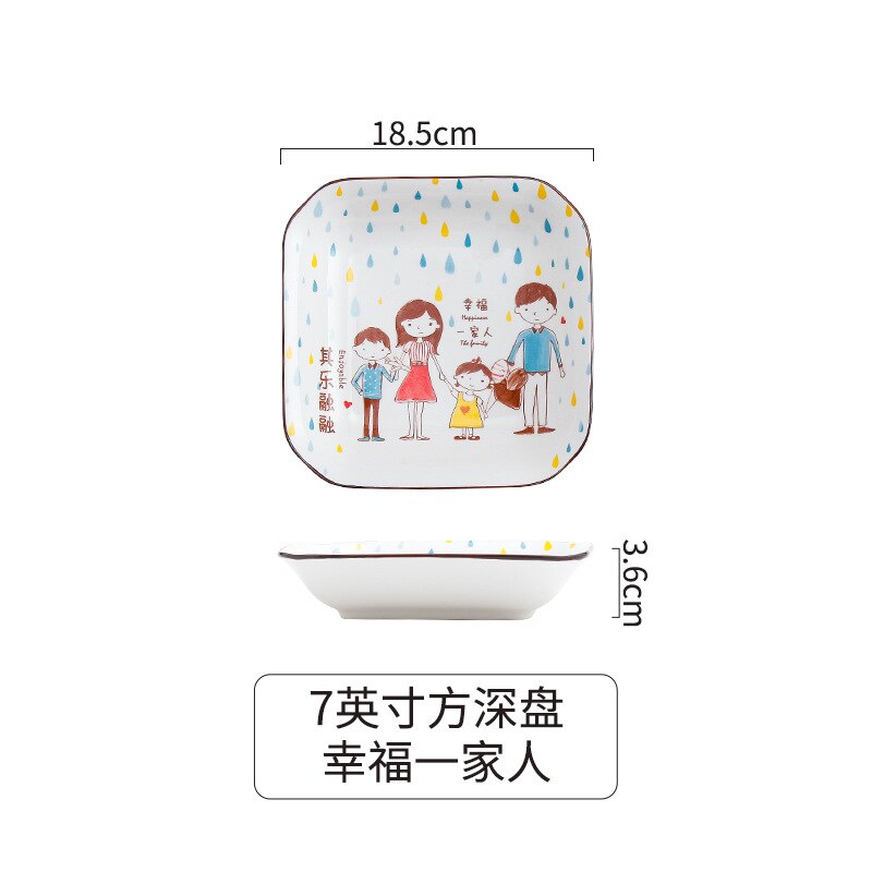 Creatieve Keramische Servies Ouder-Kind Kom Cartoon Familie Rijstkom Voor Een Gezin Van Vier Kommen En Borden Set ontbijt Plaat: 7inch Square plate