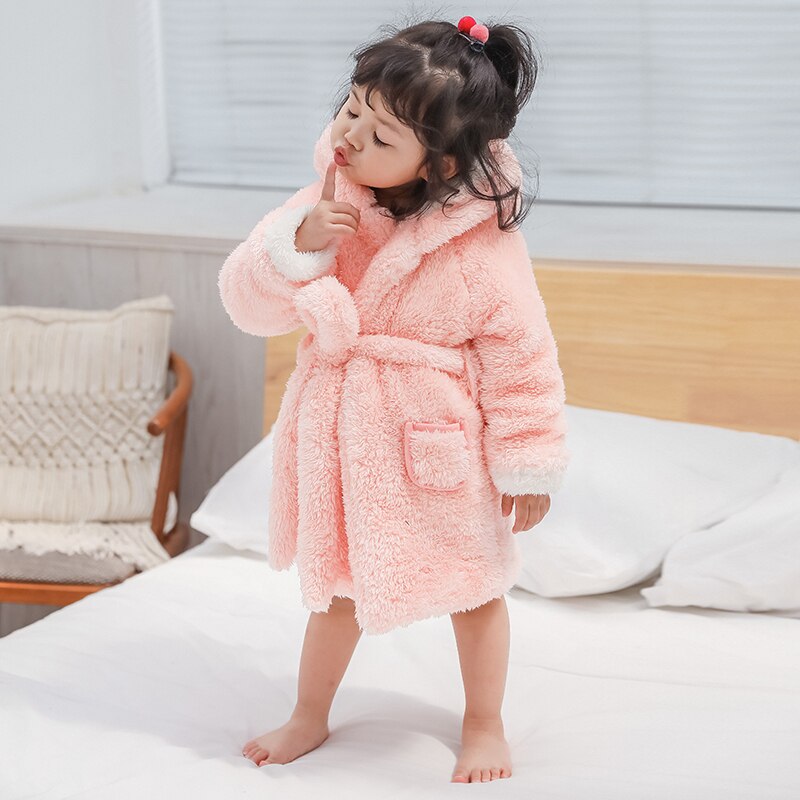 Søde børn småbørn baby piger flannel pink hætte badekåbe børn nattøj sløjfe badekåber natkåbe pyjamas.børnetøj