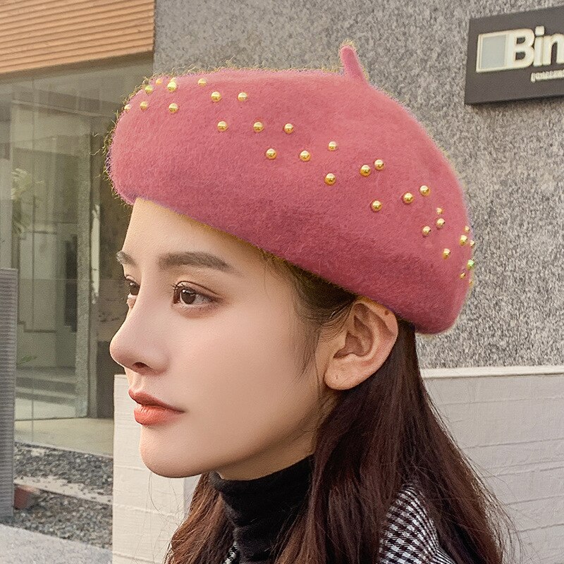 Femmes bérets métal clou perceuse laine couleur unie chapeaux femme Bonnet casquettes dames automne hiver marche chapeau Casquette: Dark Pink