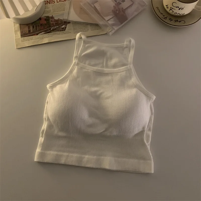 Camisetas sin mangas para mujer versión coreana, Top corto informal liso con almohadilla en el pecho, ropa exterior sin mangas a rayas, camisola básica