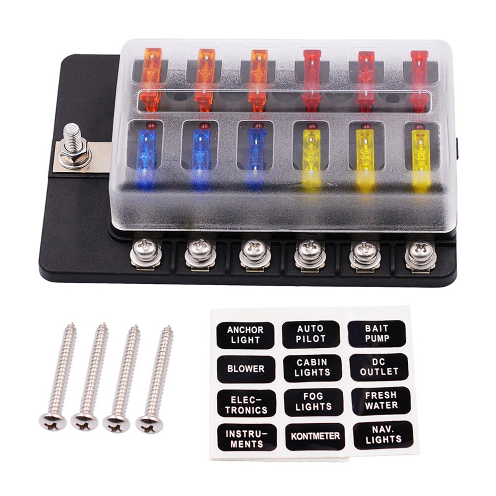 Car Boat Fuse Box Holder 12 Way Blade Fuse Box with LED Warning Light Kit fit for 12 V 24V