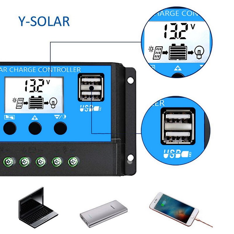10/20/30A Solar Charge Controller 12V/24V Auto PWM 5V Output Solar Panel Battery Controller Regulator With Dual USB LCD Display