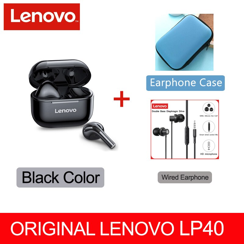 Original Lenovo LP40 TWS auricular Bluetooth inalámbrico verdadero 5,0 estéreo bajo con micrófono de manos libres auriculares AI Control IPX5 impermeable: LP40 Black TW13 Case