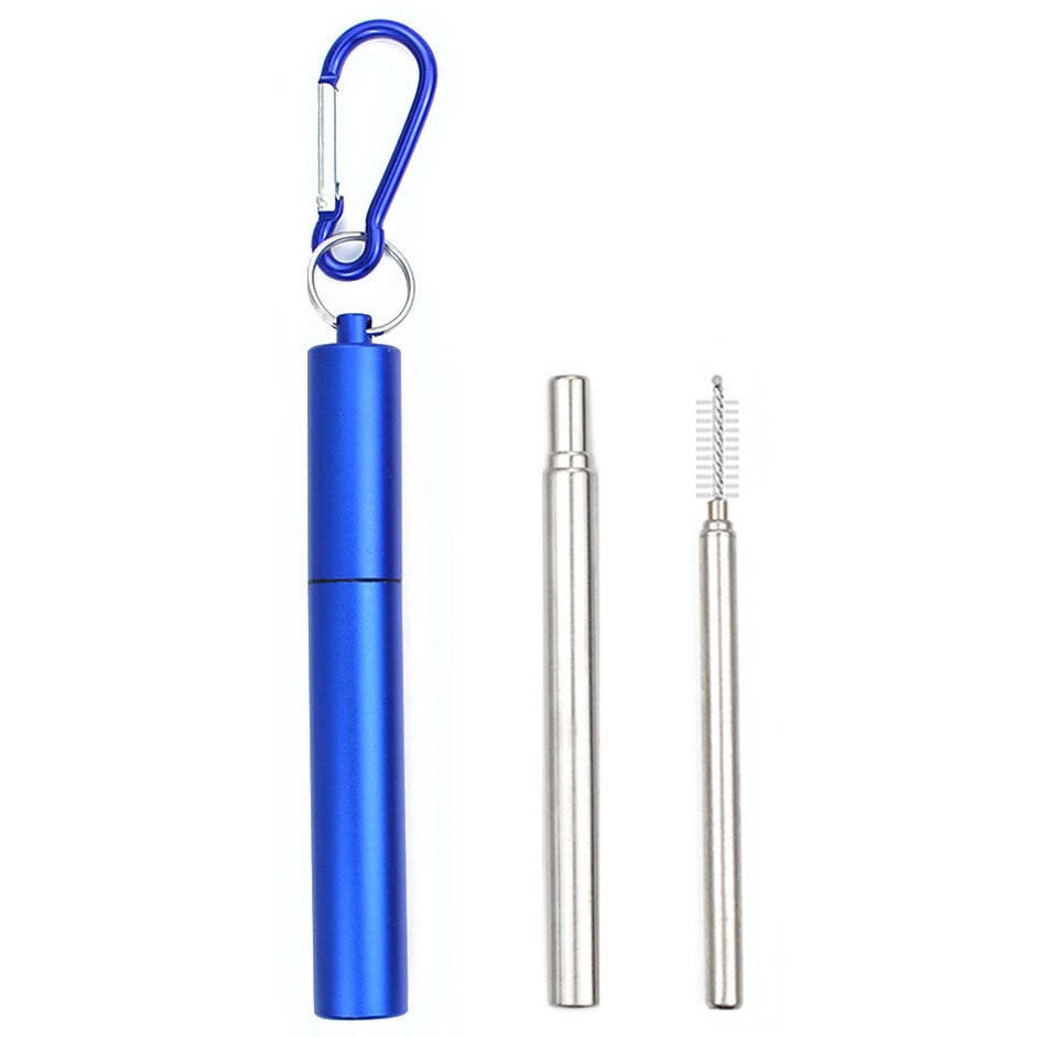 Draagbare Inklapbare Eco Vriendelijke Opvouwbare Rvs Straw Herbruikbare Metalen Stro Met Case Brush Drinken Bar Accessoires: Blue2-level
