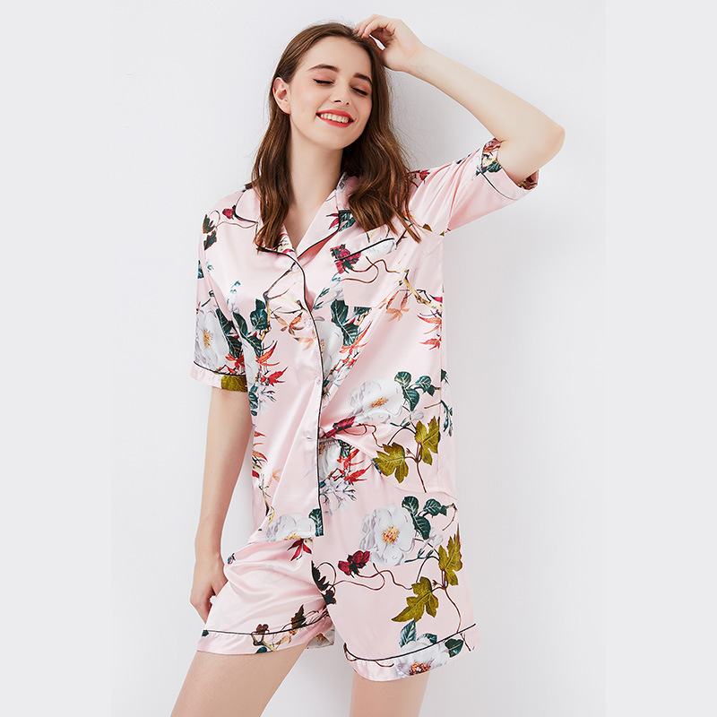 Womens Ice silk Pajamas Orange Homewear shorts short sleeves Pyjamas Suits Flowers Leaves Sleepwear Two-piece Pajamas