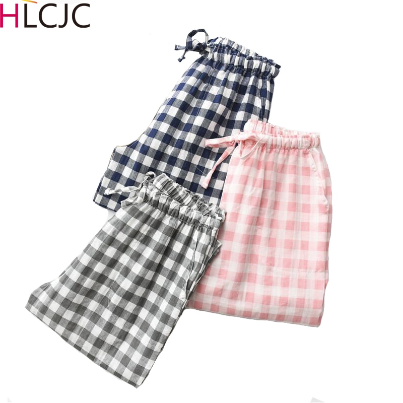 Lente Herfst Vrouwen Mannen 100% Katoen Gaas Slaap Bodems Mannelijke Nachtjapon Broek Nachtkleding Pyjama Liefhebbers Casual Plaid Broek