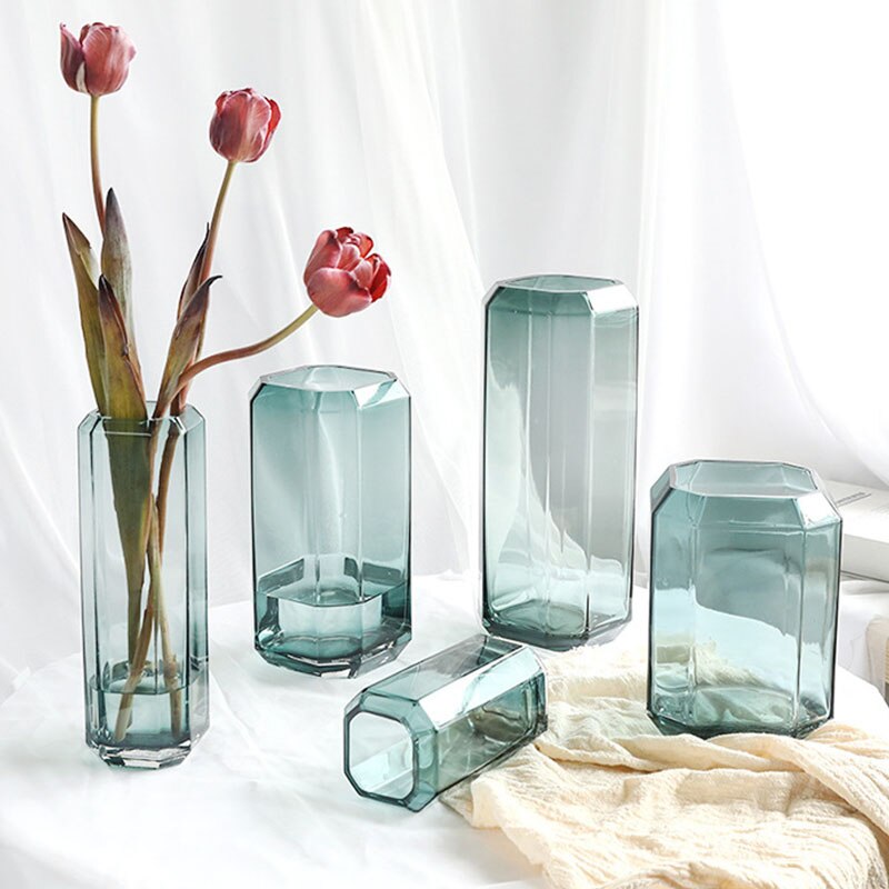 Hexagon Transparent Glass Vase Home Decoration Flower Arrangement Office Display Furnishing 3D Solid Hydroponics Crafts