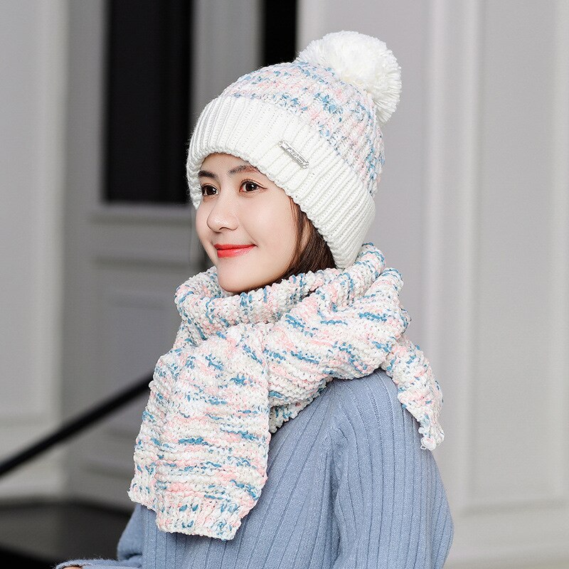 Winter Muts En Sjaal Set Vrouwen Classic Plus Dikke Unisex Aangekleed Winter Hoeden Sjaals Warme Winter Accessoires: white