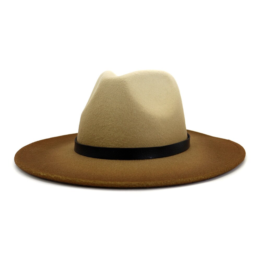 Fs kvinder fedora hat bred rand uldhuer til mænd følte gradient farve jazz panama hatte kirke vintage cowboy trilby hatte: Beige