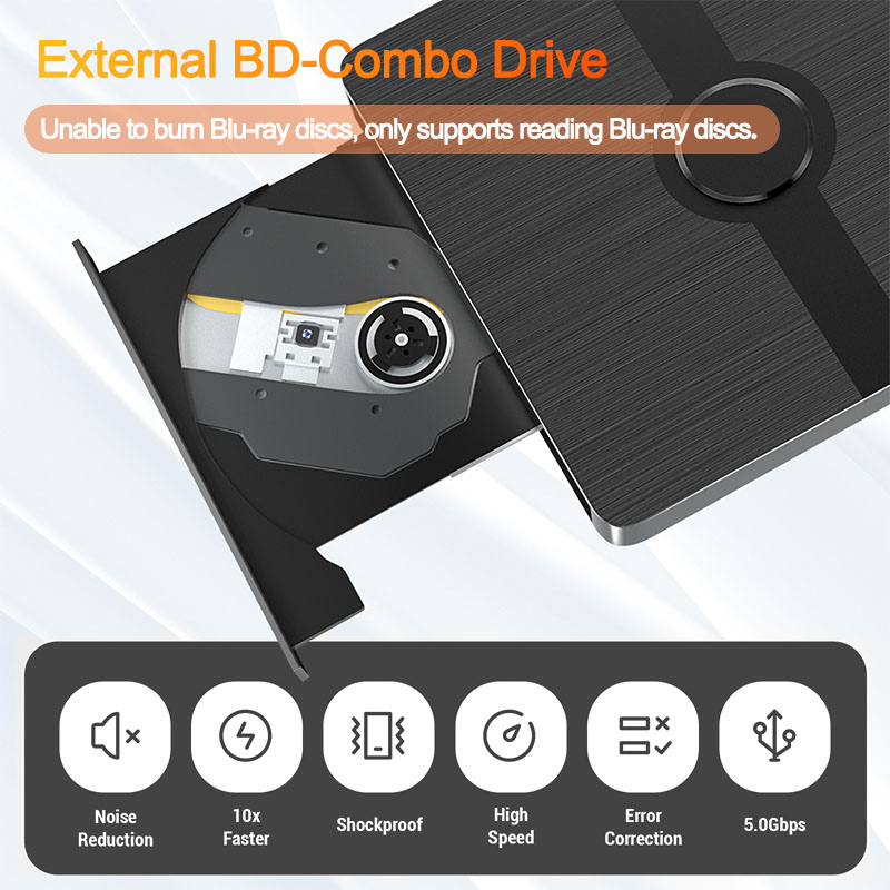 USB 3.0 External Blu-ray Drive Portable 3D BD-Combo Optical Drives CD DVD Player Burner Reader for Laptop PC Windows 11/10 Mac